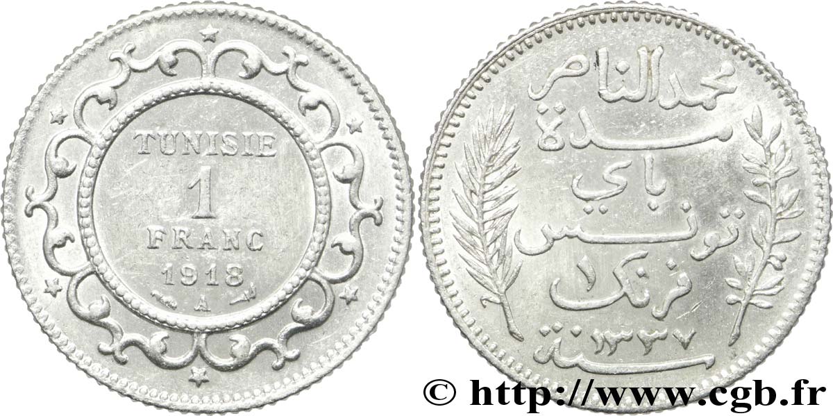 TUNISIA - Protettorato Francese 1 Franc AH 1337 1918 Paris q.SPL 