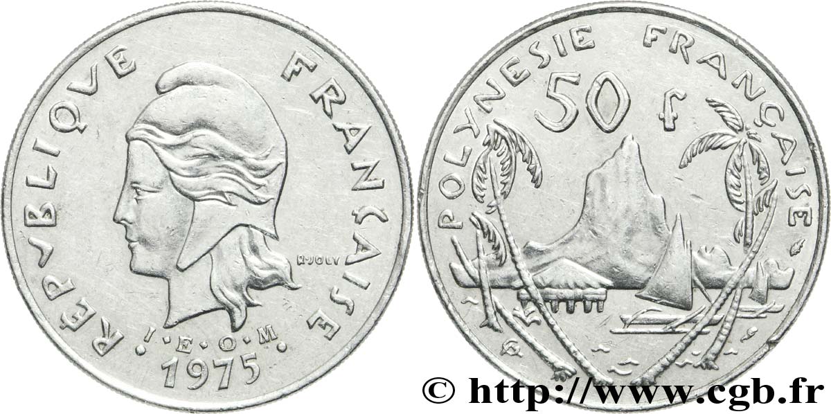 POLINESIA FRANCESA 50 Francs I.E.O.M. Marianne / paysage polynésien 1975 Paris MBC 
