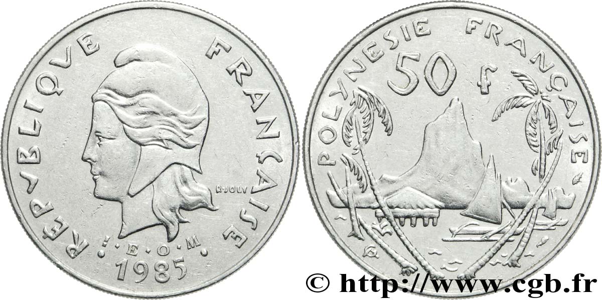 POLINESIA FRANCESE 50 Francs I.E.O.M. Marianne / paysage polynésien 1985 Paris BB 
