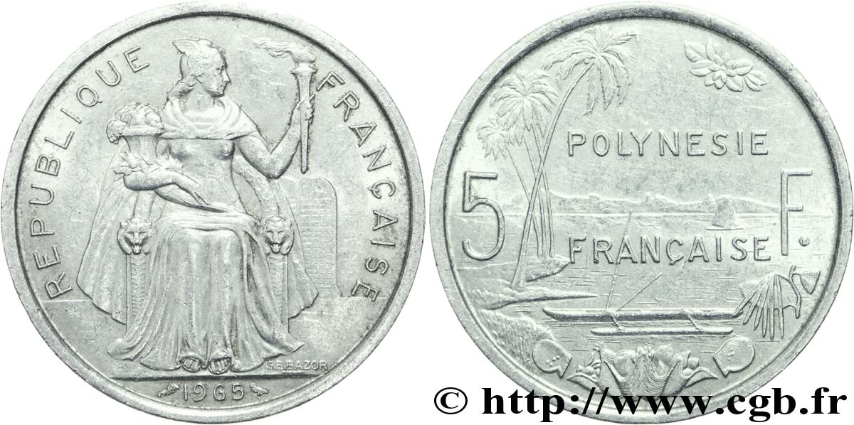 FRENCH POLYNESIA 5 Francs Polynésie Française 1965 Paris XF 