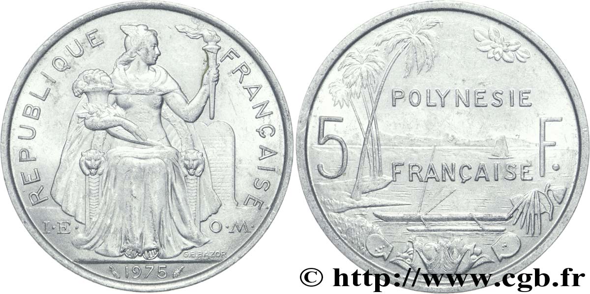 POLYNÉSIE FRANÇAISE 5 Francs I.E.O.M. Polynésie Française 1975 Paris TTB+ 