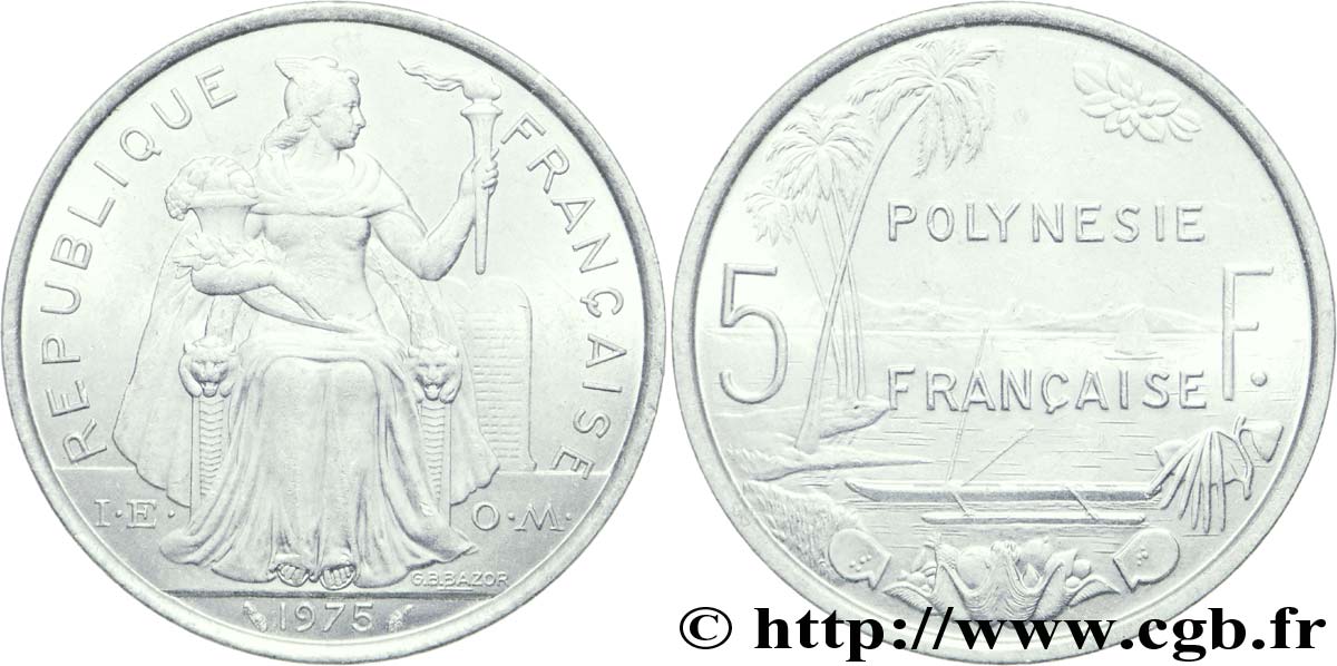 FRENCH POLYNESIA 5 Francs I.E.O.M. Polynésie Française 1975 Paris AU 