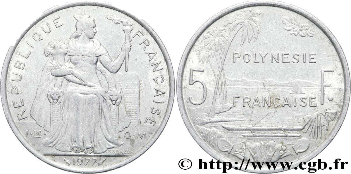 POLINESIA FRANCESA 5 Francs I.E.O.M. Polynésie Française 1977 Paris BC+ 