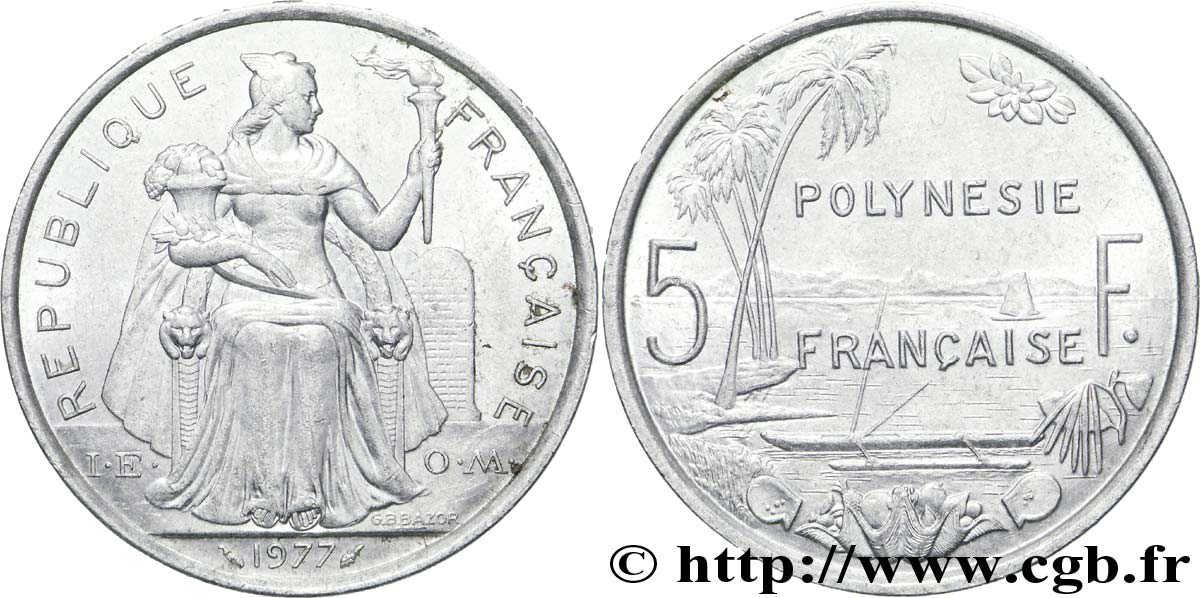 FRANZÖSISCHE-POLYNESIEN 5 Francs I.E.O.M. Polynésie Française 1977 Paris VZ 