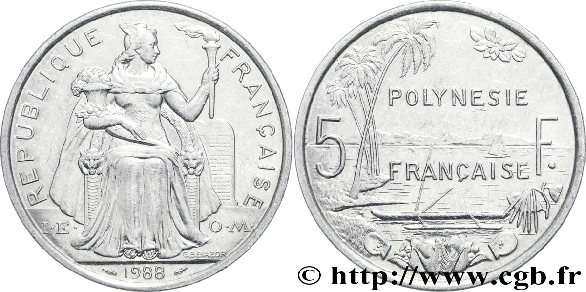 FRENCH POLYNESIA 5 Francs I.E.O.M. Polynésie Française 1988 Paris AU 