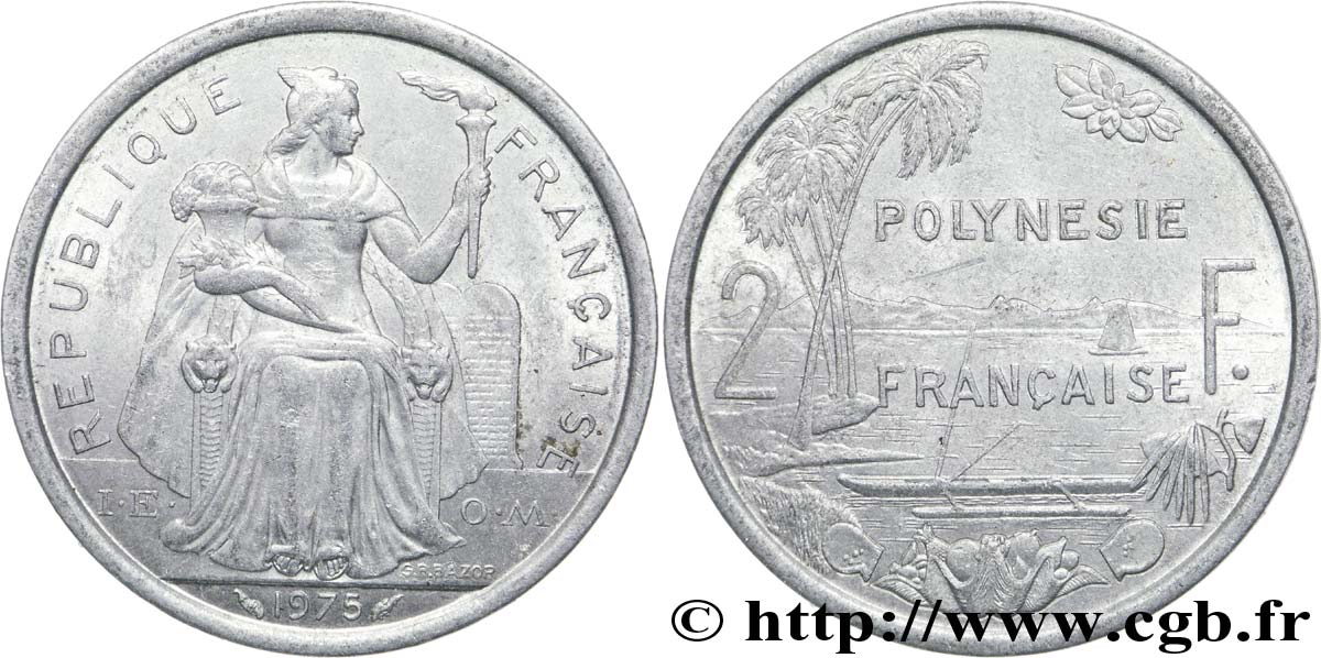 FRENCH POLYNESIA 2 Francs I.E.O.M. Polynésie Française 1975 Paris AU 