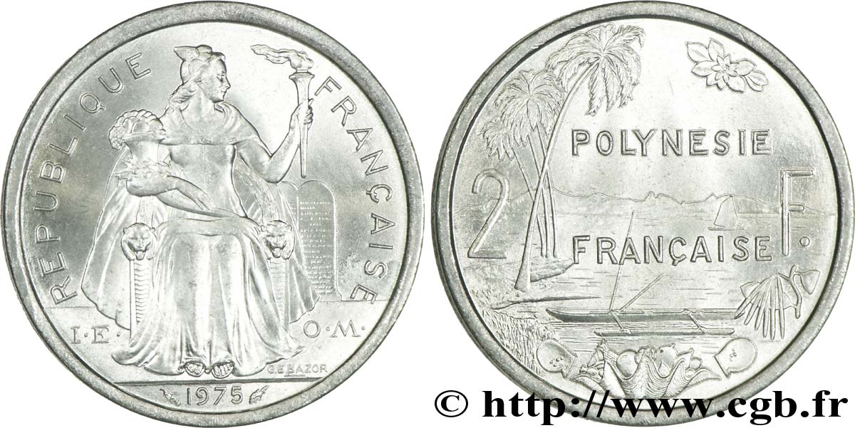 FRANZÖSISCHE-POLYNESIEN 2 Francs I.E.O.M. Polynésie Française 1975 Paris fST 