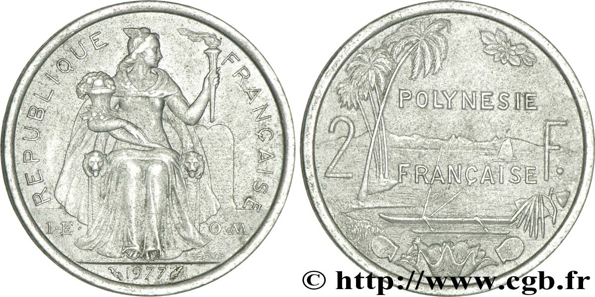 FRENCH POLYNESIA 2 Francs I.E.O.M. Polynésie Française 1977 Paris XF 