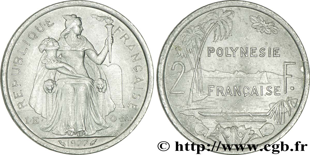 FRENCH POLYNESIA 2 Francs I.E.O.M. Polynésie Française 1977 Paris AU 