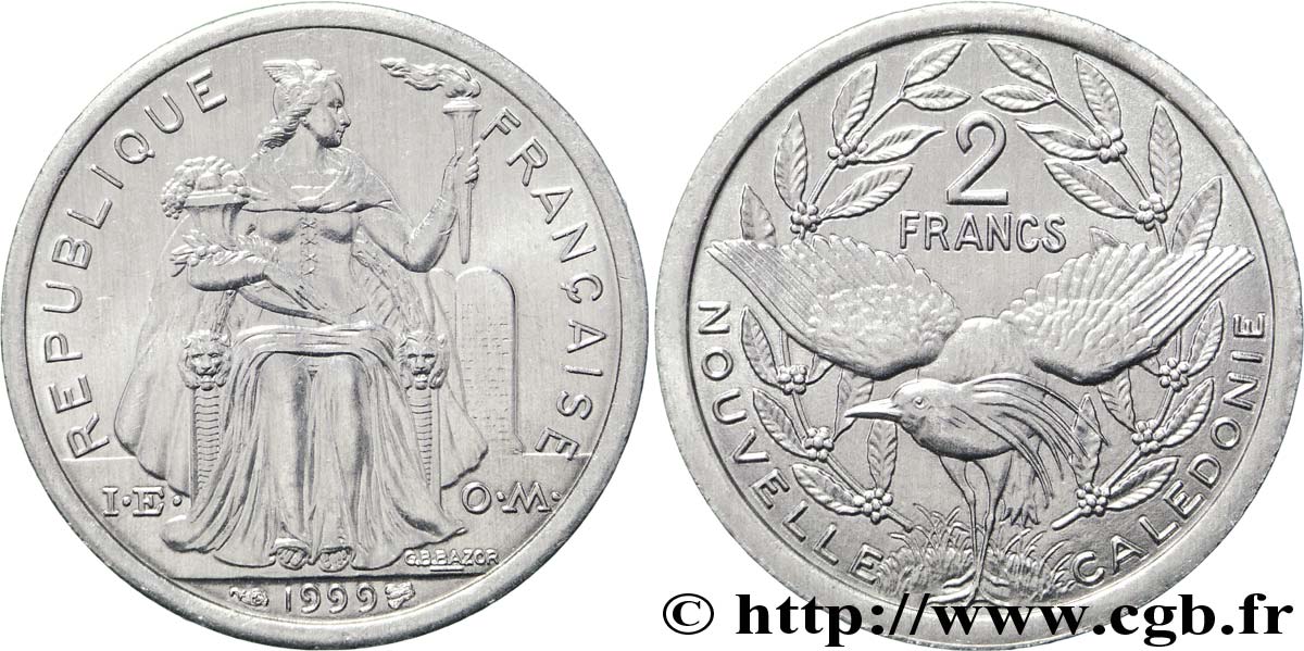 NEUKALEDONIEN 2 Francs I.E.O.M. représentation allégorique de Minerve / Kagu, oiseau de Nouvelle-Calédonie 1999 Paris fST 