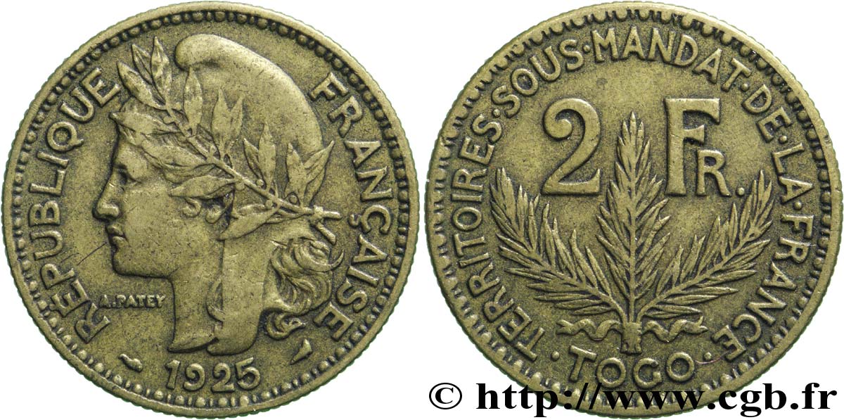 TOGO - Territorios sobre mandato frances 2 Francs 1925 Paris BC+ 