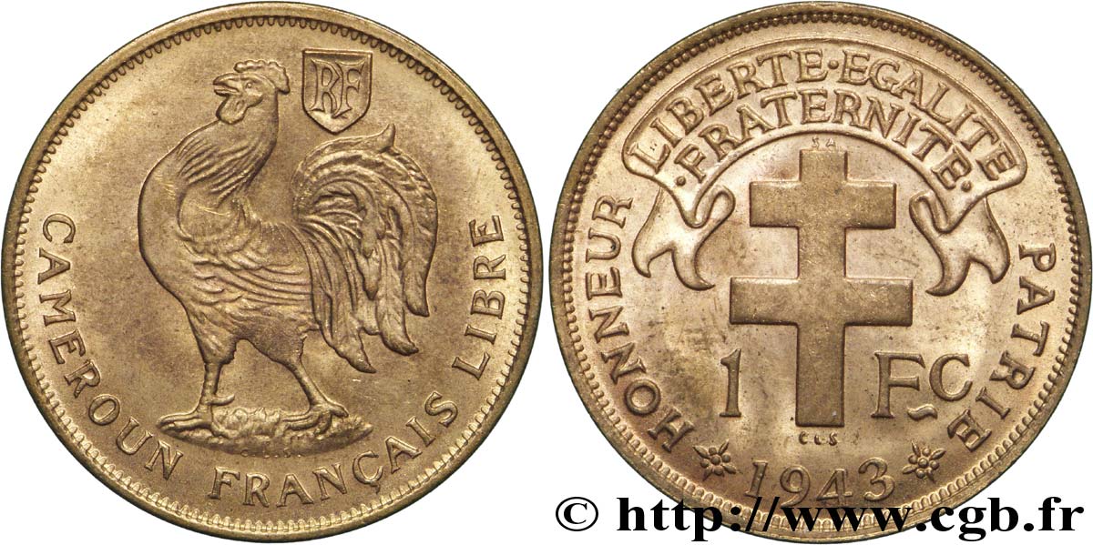 KAMERUN - FRANZÖSISCHE MANDAT 1 Franc ‘Cameroun Français Libre’ 1943 Prétoria VZ 