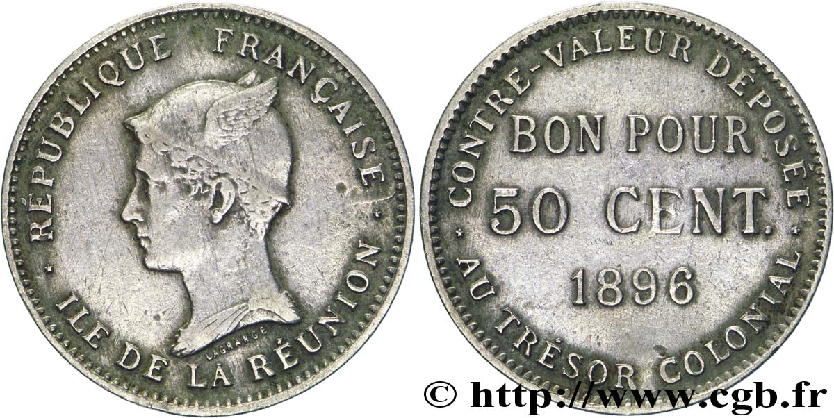 REUNIóN - TERCERA REPUBLICA 50 Centimes 1896 Paris BC+ 