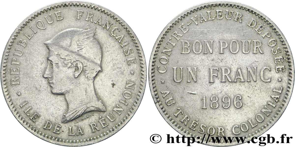 REUNIóN - TERCERA REPUBLICA 1 Franc 1896 Paris BC+ 