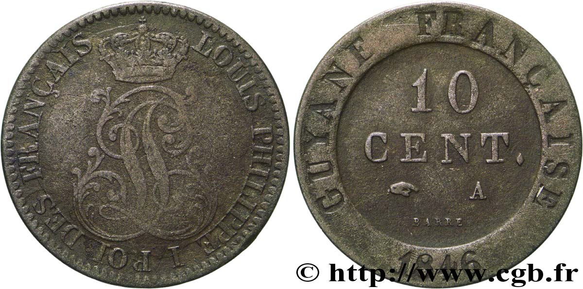 GUYANA FRANCESE 10 Cent. (imes) monogramme de Louis-Philippe 1846 Paris MB 