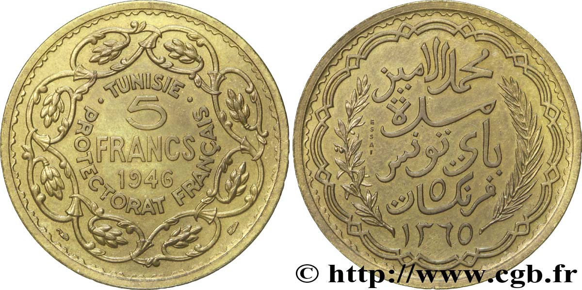 TUNISIE - PROTECTORAT FRANÇAIS Essai - Piéfort 5 Francs en bronze-aluminium AH 1364 1945 Paris SUP 