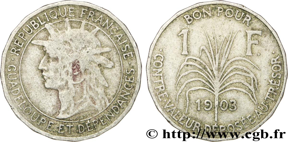 GUADELOUPE Bon pour 1 Franc indien caraïbe / canne à sucre 1903  B+ 