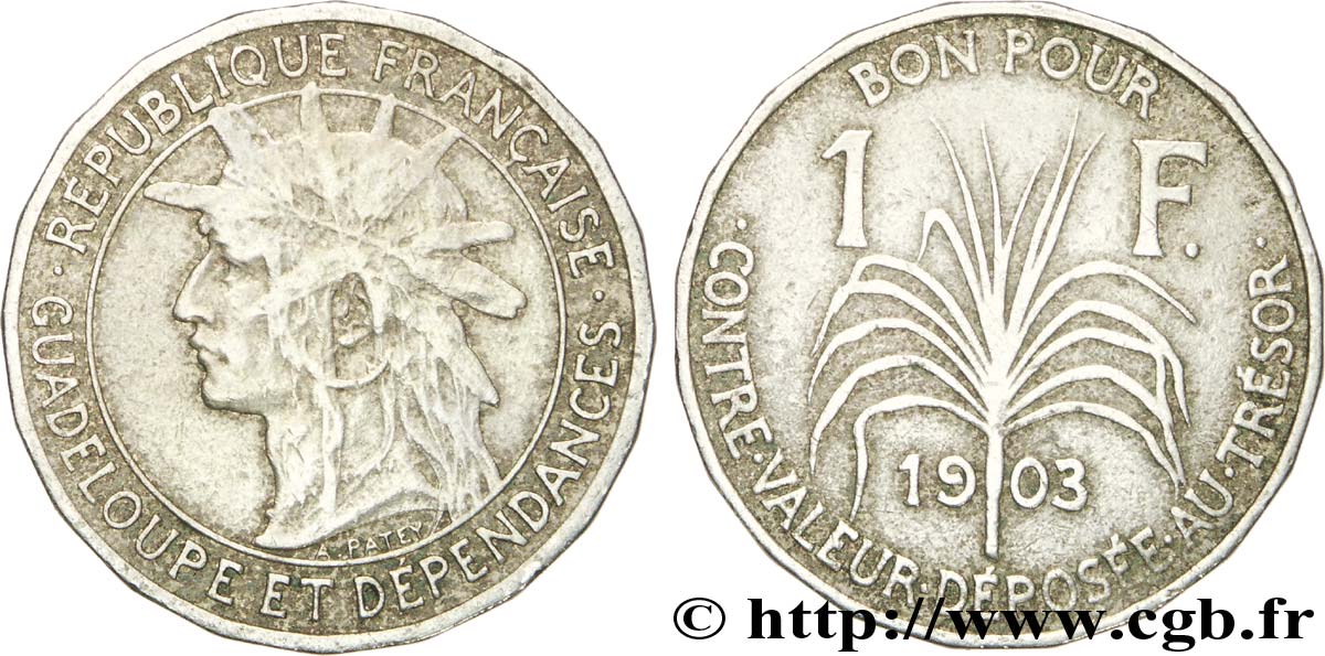GUADELOUPE Bon pour 1 Franc indien caraïbe / canne à sucre 1903  fSS 