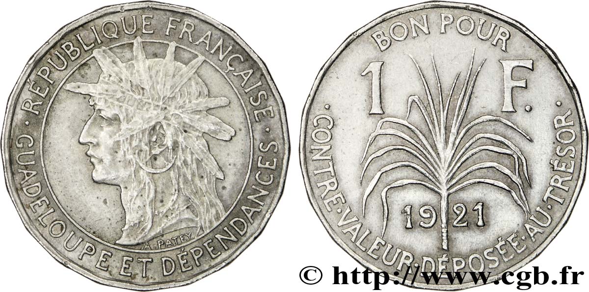 GUADELOUPE Bon pour 1 Franc indien caraïbe / canne à sucre 1921  AU 