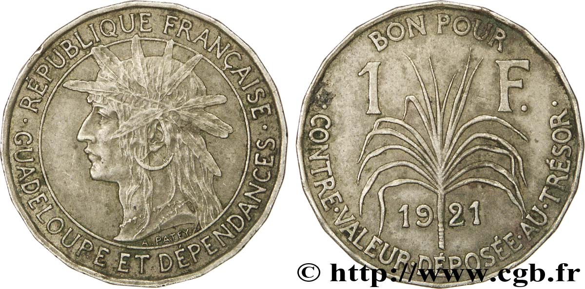 GUADELOUPE Bon pour 1 Franc indien caraïbe / canne à sucre 1921  fVZ 