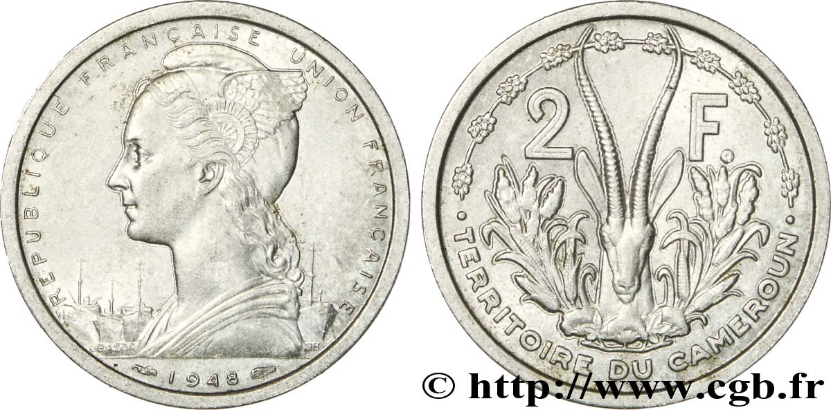 KAMERUN - FRANZÖSISCHE UNION 2 Francs Marianne / antilope 1948 Paris fST 