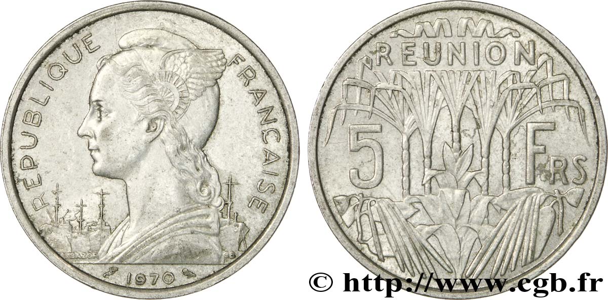 ISLA DE LA REUNIóN 5 Francs Marianne / Canne à sucre 1970 Paris EBC 