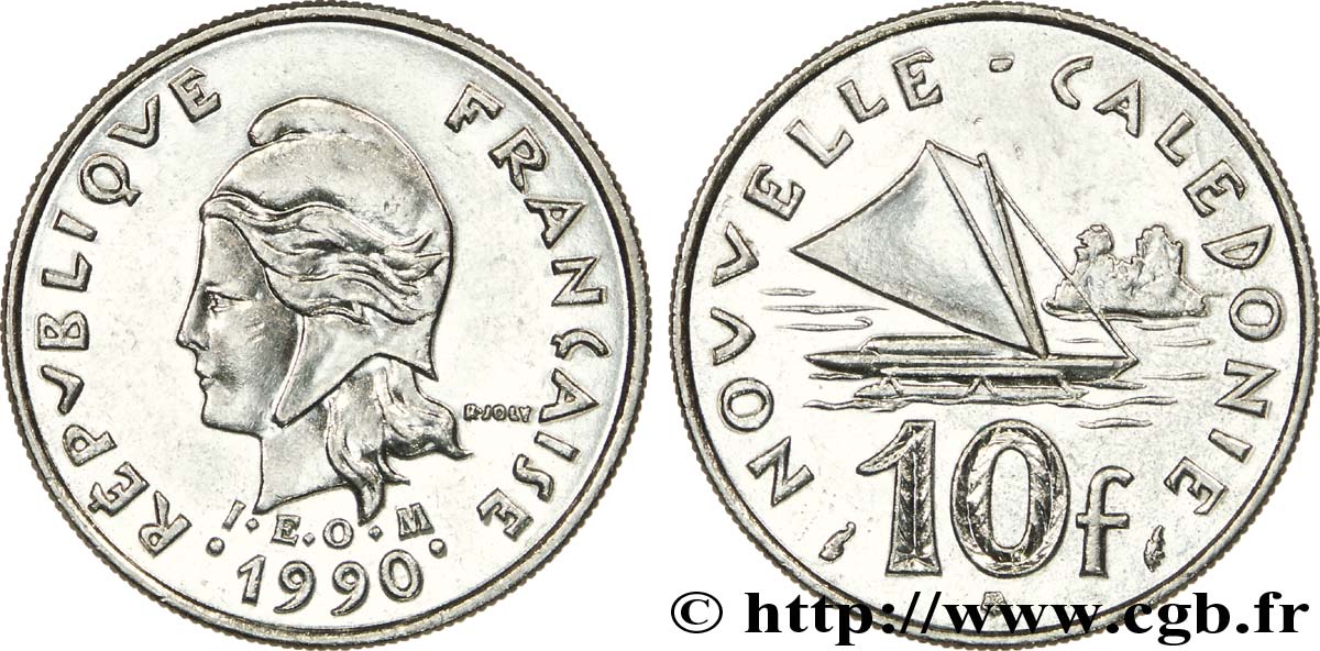 NOUVELLE CALÉDONIE 10 Francs I.E.O.M. Marianne / paysage maritime néo-calédonien avec pirogue à voile  1990 Paris SUP 