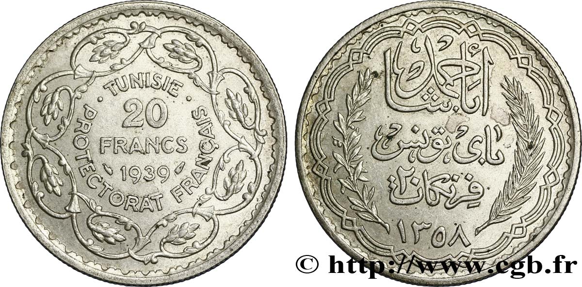 TUNISIA - Protettorato Francese 20 Francs au nom du  Bey Ahmed an 1358 1939 Paris q.SPL 