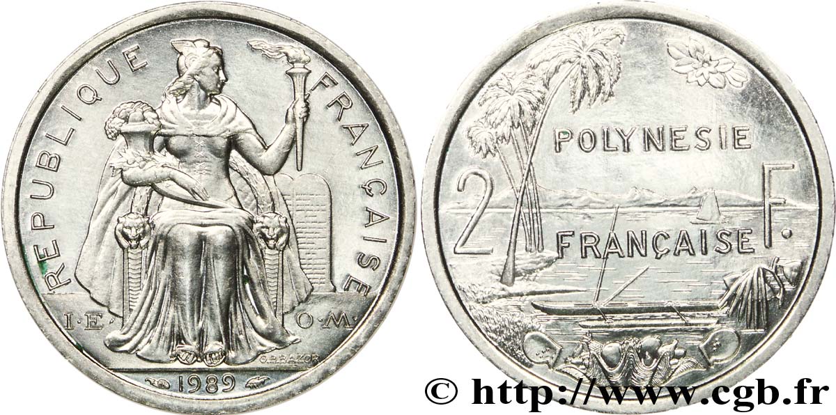 FRANZÖSISCHE-POLYNESIEN 2 Francs I.E.O.M. Polynésie Française 1989 Paris fST 