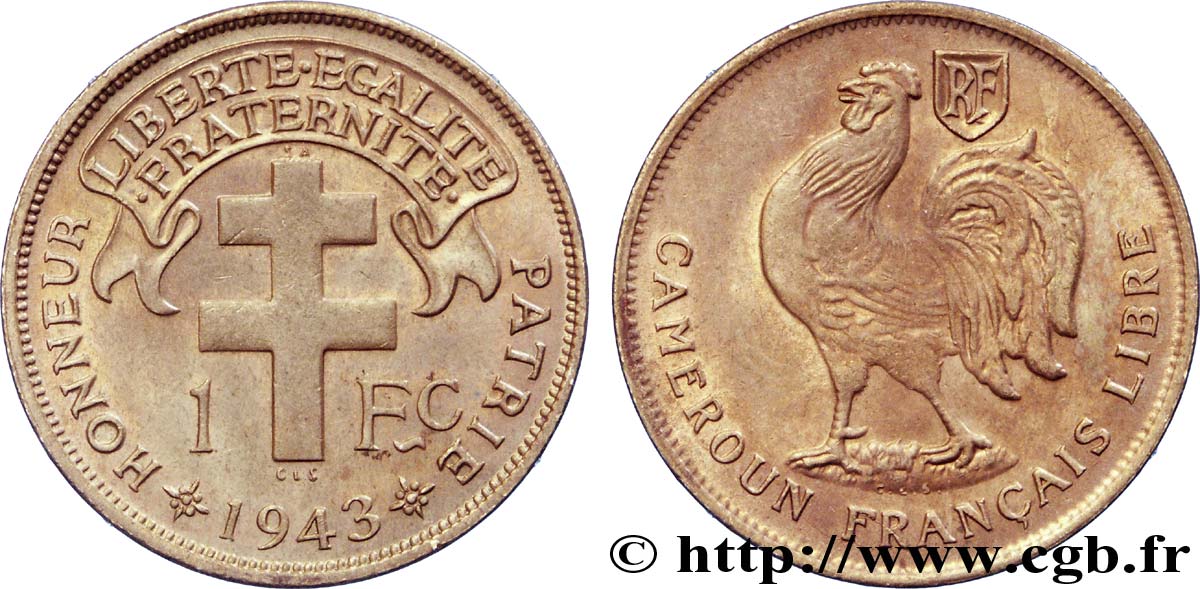 CAMEROUN - TERRITOIRES SOUS MANDAT FRANÇAIS 1 Franc ‘Cameroun Français Libre’ 1943 Prétoria SUP 