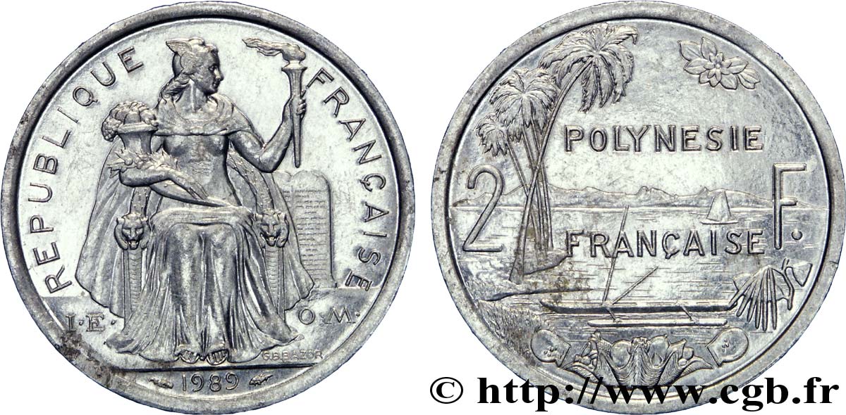 FRENCH POLYNESIA 2 Francs I.E.O.M. Polynésie Française 1989 Paris AU 