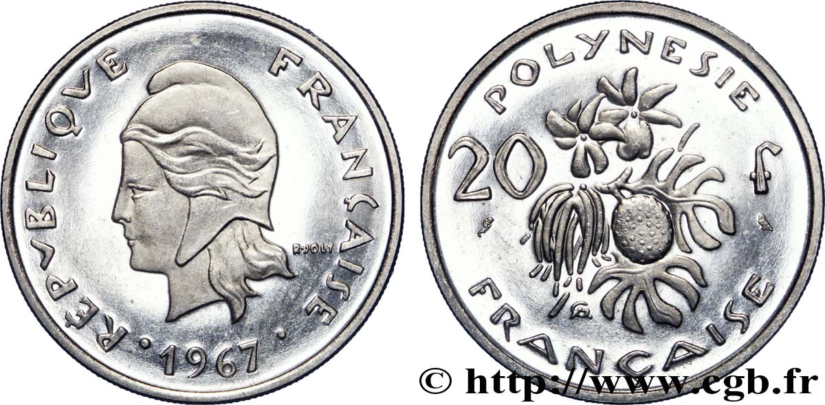 FRENCH POLYNESIA 20 Francs essai de frappe sans le mot ESSAI 1967 Paris MS65 