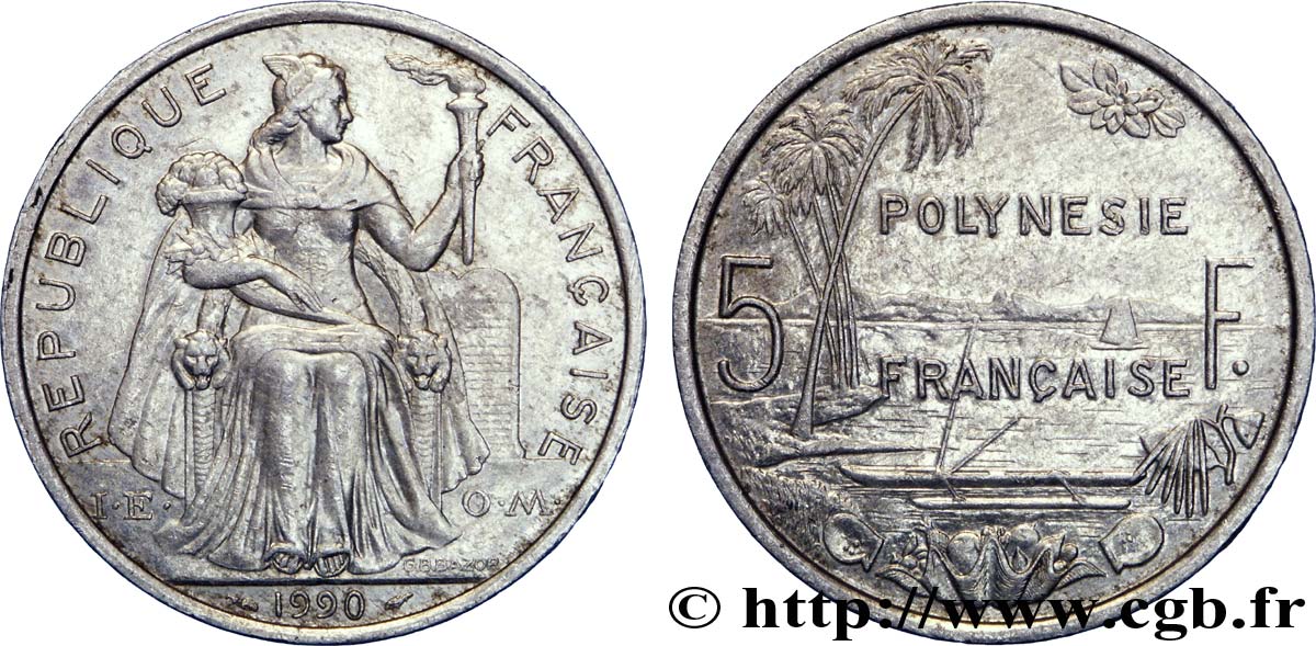 FRENCH POLYNESIA 5 Francs I.E.O.M. Polynésie Française 1990 Paris AU 