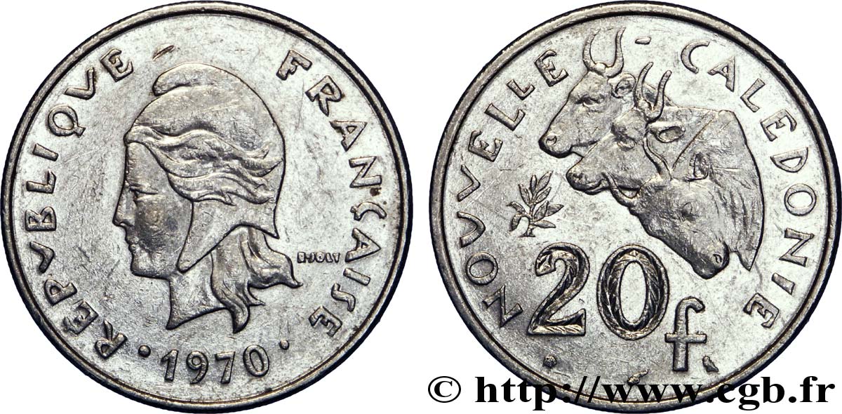 NEUKALEDONIEN 20 Francs Marianne / zébus d’élevage de Nouvelle Calédonie  1970 Paris SS 