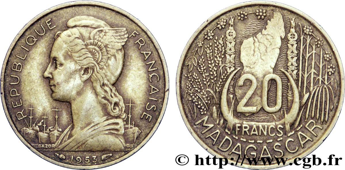 MADAGASCAR French Union 20 Francs 1953 Paris VF 