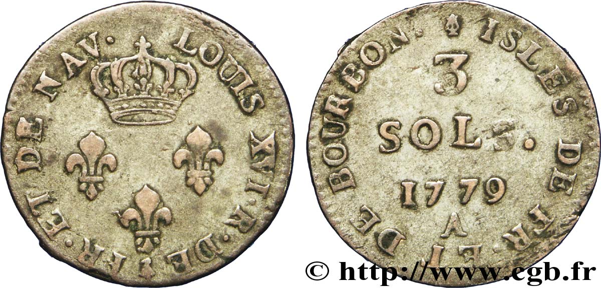 ISLES OF FRANCE AND BOURBON 3 Sols 1779 Paris VF 