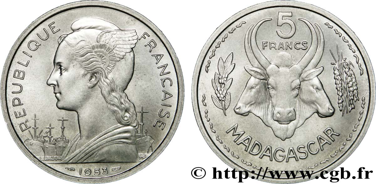 MADAGASCAR French Union 5 Francs 1953 Paris MS 
