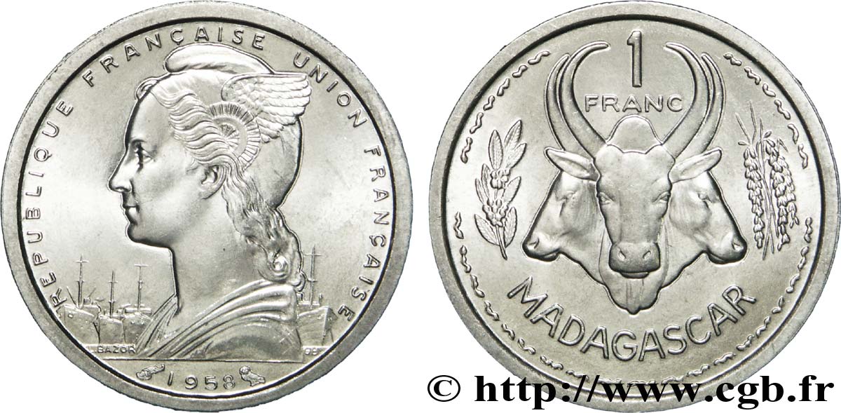 MADAGASCAR French Union 1 Franc 1958 Paris MS 