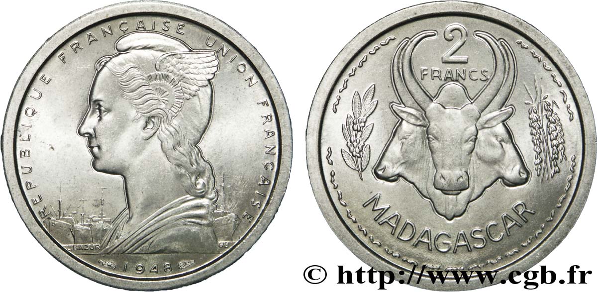 MADAGASKAR - FRANZÖSISCHE UNION 2 Francs 1948 Paris fST 