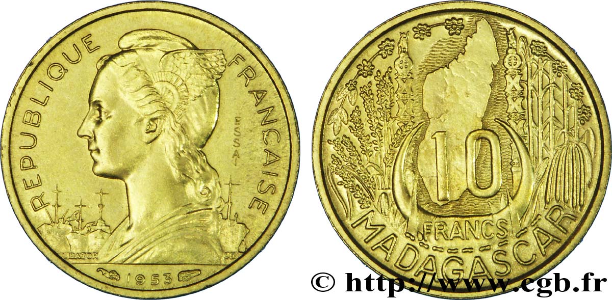 MADAGASCAR - UNIóN FRANCESA 10 Francs ESSAI 1953 Paris EBC 