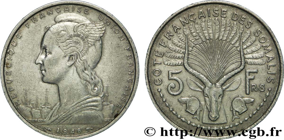 SOMALIA FRANCESA 5 Francs 1948 Paris BC+ 