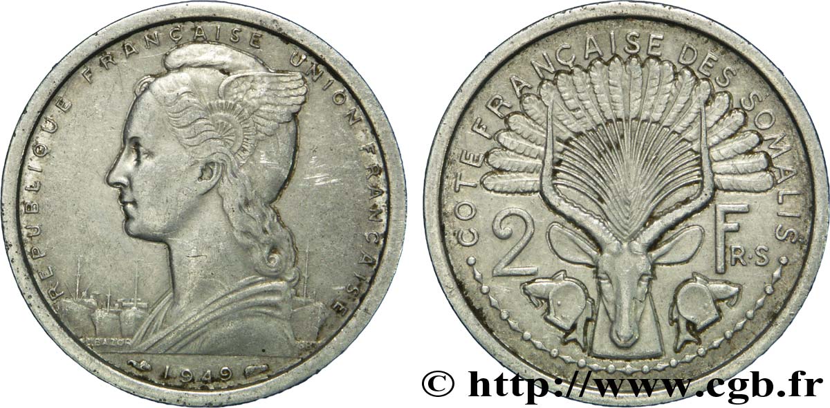 SOMALIA FRANCESA 2 Francs 1949 Paris BC+ 