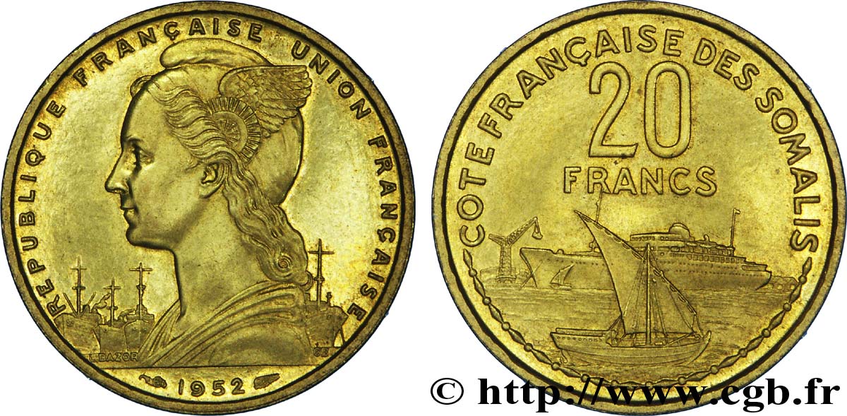 FRANZÖSISCHE SOMALILAND 20 Francs 1952 Paris fST 