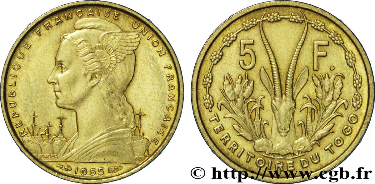 TOGO - FRENCH UNION 5 Francs  1955 Paris AU 