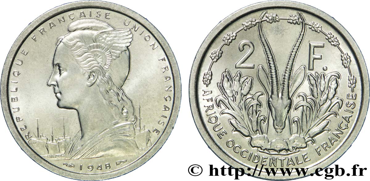 AFRICA FRANCESA DEL OESTE - UNIóN FRANCESA 2 Francs 1948 Paris SC 