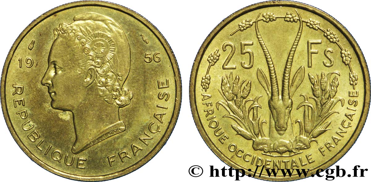 FRANZÖSISCHE WESTAFRIKA 25 Francs 1956 Paris VZ 