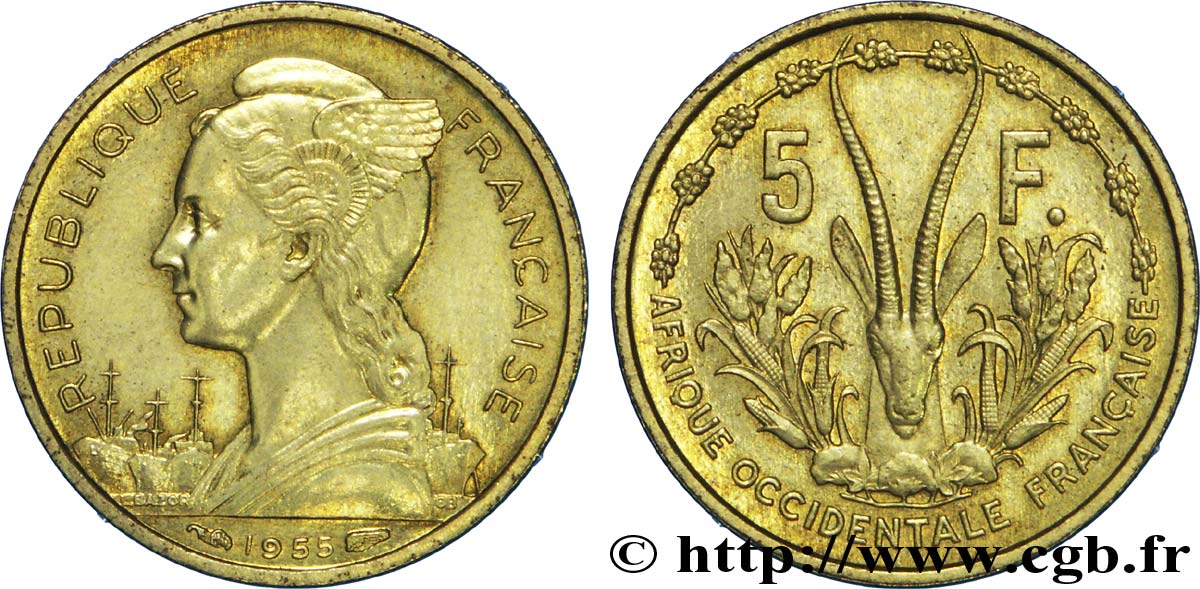 FRANZÖSISCHE WESTAFRIKA 5 Francs 1955 Paris VZ 