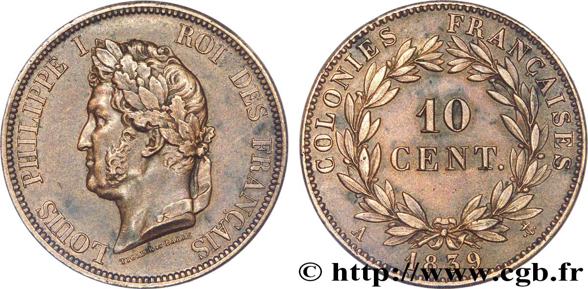 COLONIAS FRANCESAS - Louis-Philippe para Guadalupe 10 Centimes Louis-Philippe 1839 Paris EBC 