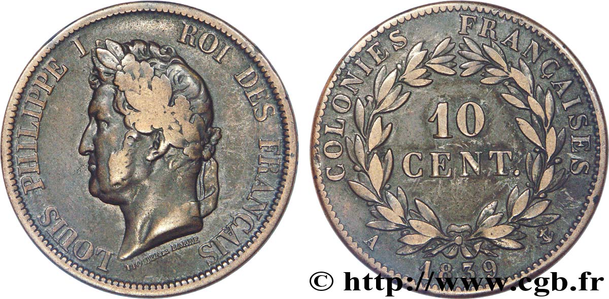 FRANZÖSISCHE KOLONIEN - Louis-Philippe, für Guadeloupe 10 Centimes Louis-Philippe 1839 Paris fSS 