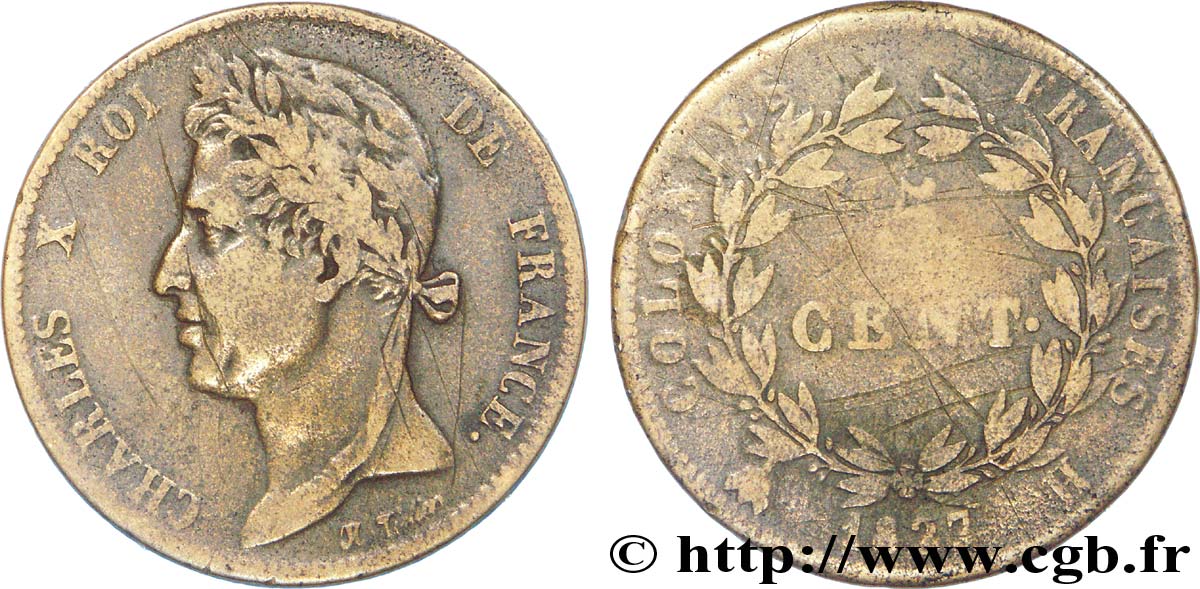 COLONIE FRANCESI - Carlo X, per Martinica e Guadalupa 5 Centimes 1827 La Rochelle MB 